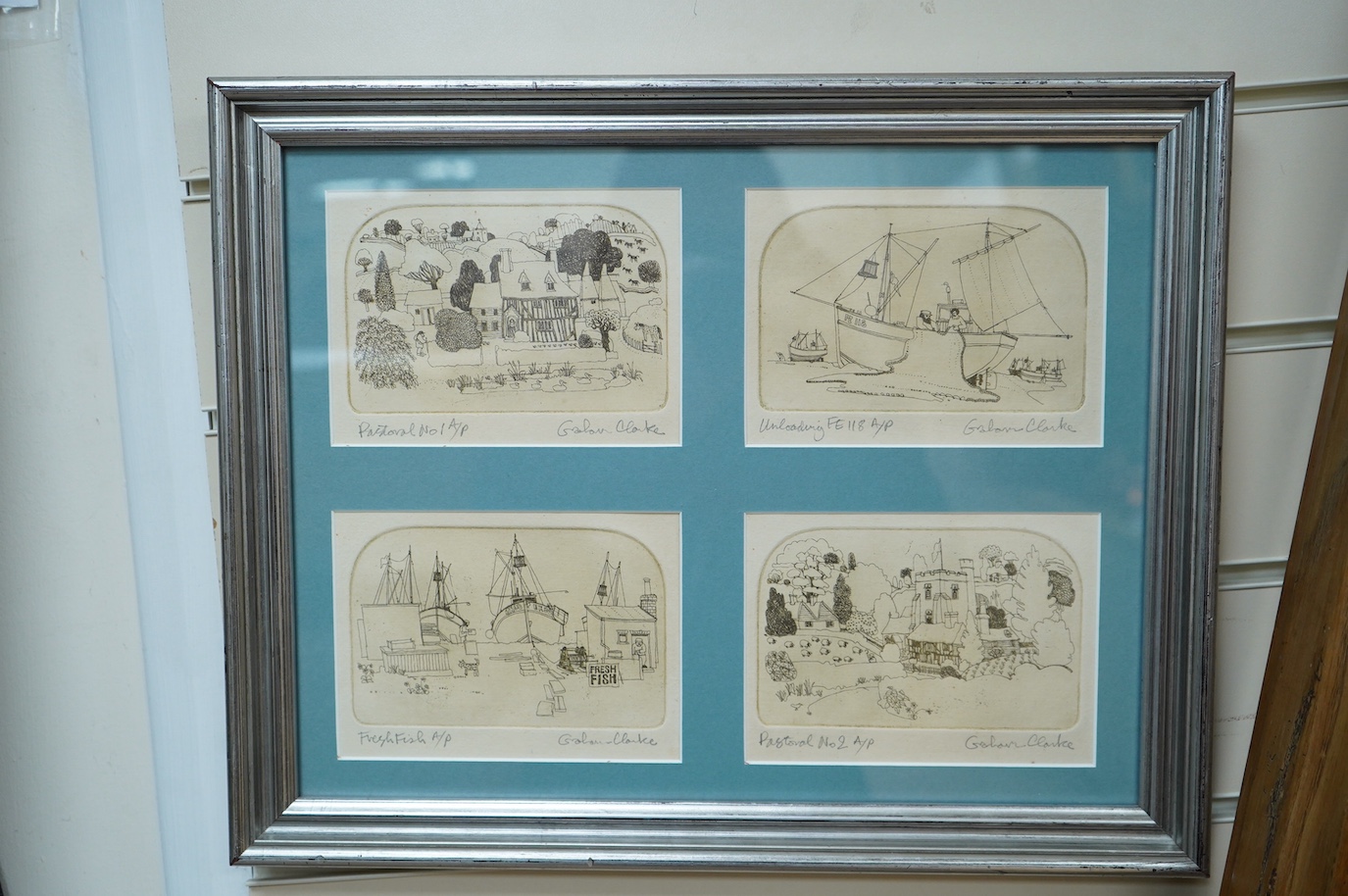 Graham Clarke (b.1941), set of four artist's proof etchings, mounted and framed as one, comprising ‘Pastoral No. 1’, ‘Pastoral No. 2’, ‘Unloading, Fe118’ and ‘Fresh Fish’, each signed in pencil, overall 33 x 41cm. Condit